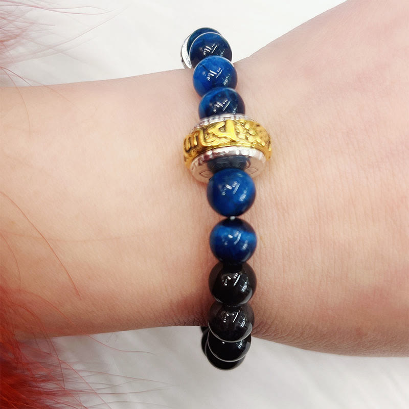Buddha Stones Silver Sheen Obsidian Blue Tiger Eye Om Mani Padme Hum Protection Bracelet - image 14