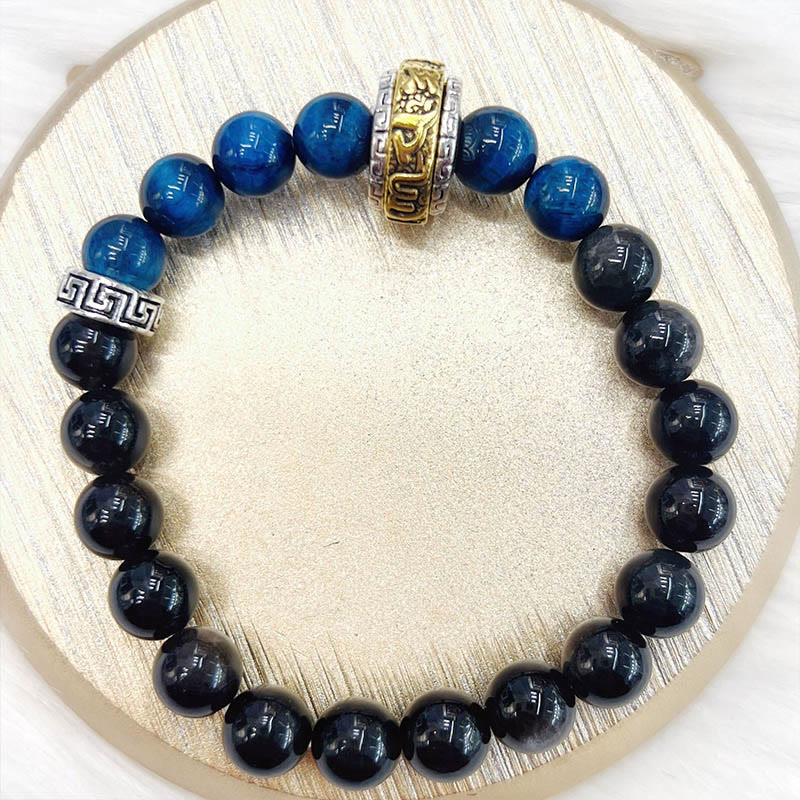 Buddha Stones Silver Sheen Obsidian Blue Tiger Eye Om Mani Padme Hum Protection Bracelet - image 9