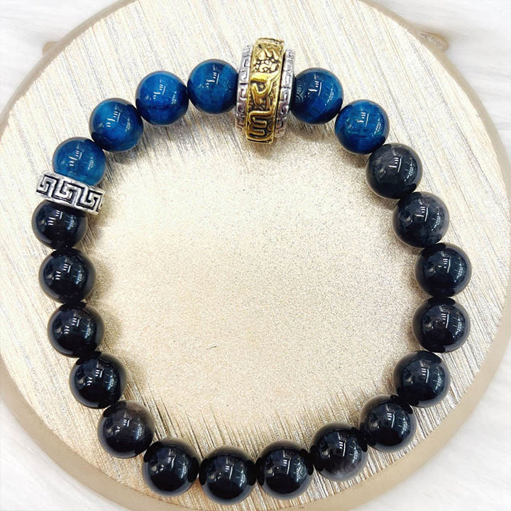 Buddha Stones Silver Sheen Obsidian Blue Tiger Eye Om Mani Padme Hum Protection Bracelet - image 13