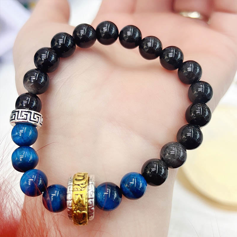 Buddha Stones Silver Sheen Obsidian Blue Tiger Eye Om Mani Padme Hum Protection Bracelet - image 8