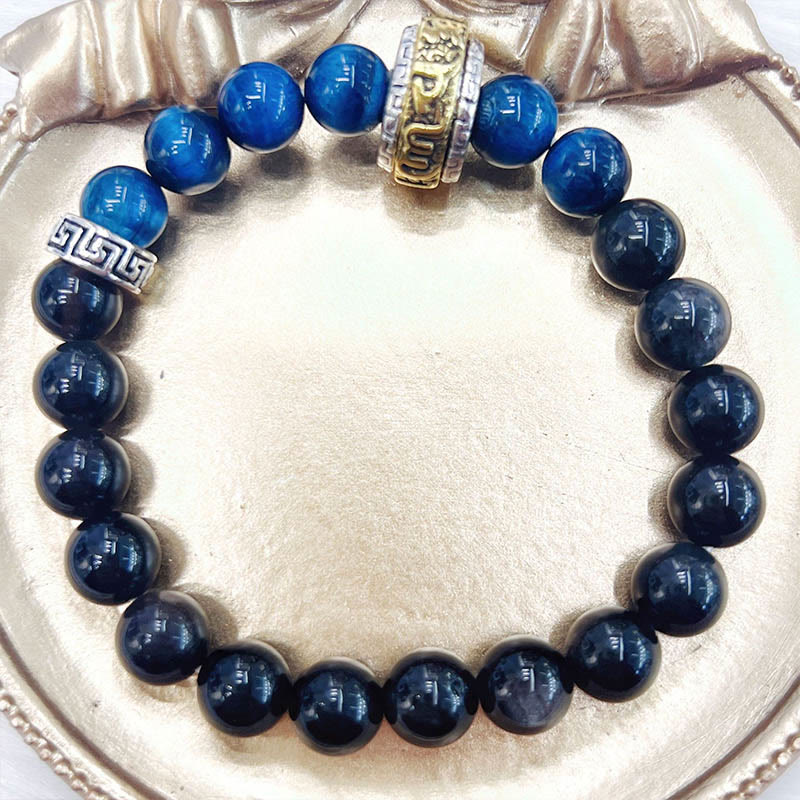 Buddha Stones Silver Sheen Obsidian Blue Tiger Eye Om Mani Padme Hum Protection Bracelet - image 7