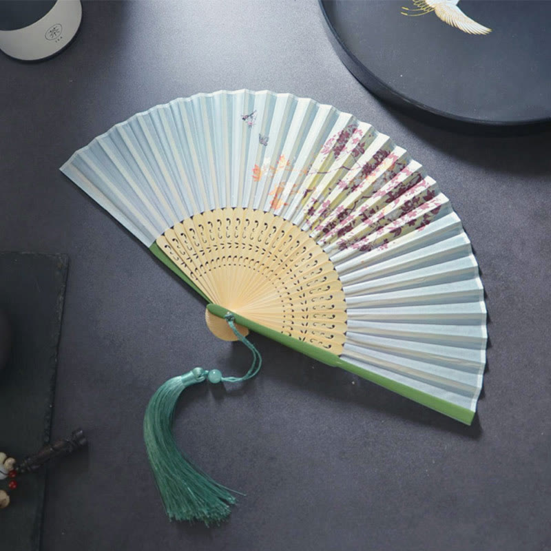 Buddha Stones Gardenia Cherry Blossom Moon Handheld Polyester Bamboo Folding Fan 21cm - Cherry Moon Green Edge 21cm - image 2