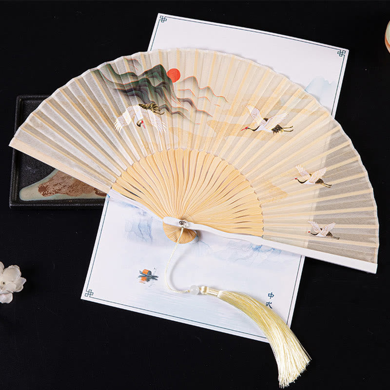 Buddha Stones Cranes Auspicious Clouds Solid Color Gradient Handheld Bamboo Folding Fan - Sunset Crane Yellow 21cm - image 3
