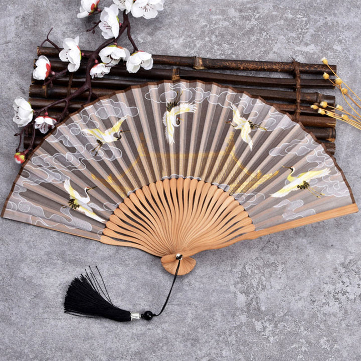 Buddha Stones Cranes Auspicious Clouds Solid Color Gradient Handheld Bamboo Folding Fan - Crane Cloud Khaki 21cm - image 7
