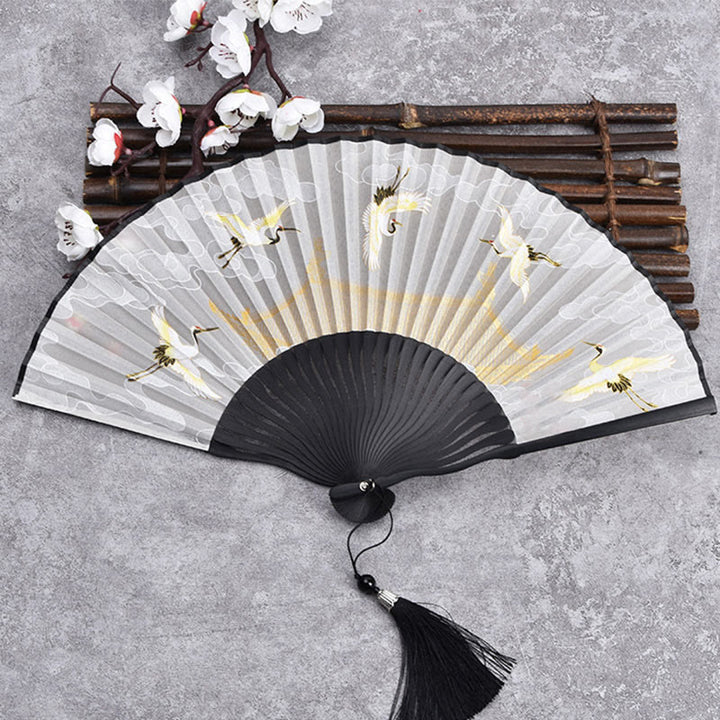 Buddha Stones Cranes Auspicious Clouds Solid Color Gradient Handheld Bamboo Folding Fan - Crane Cloud Black 21cm - image 9