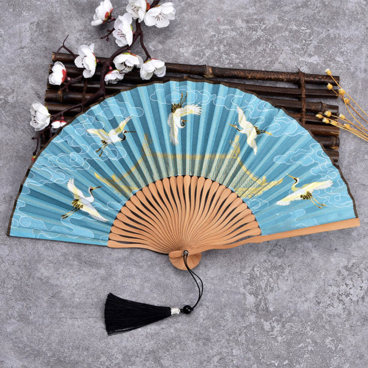 Buddha Stones Cranes Auspicious Clouds Solid Color Gradient Handheld Bamboo Folding Fan - Crane Cloud Blue 21cm - image 5