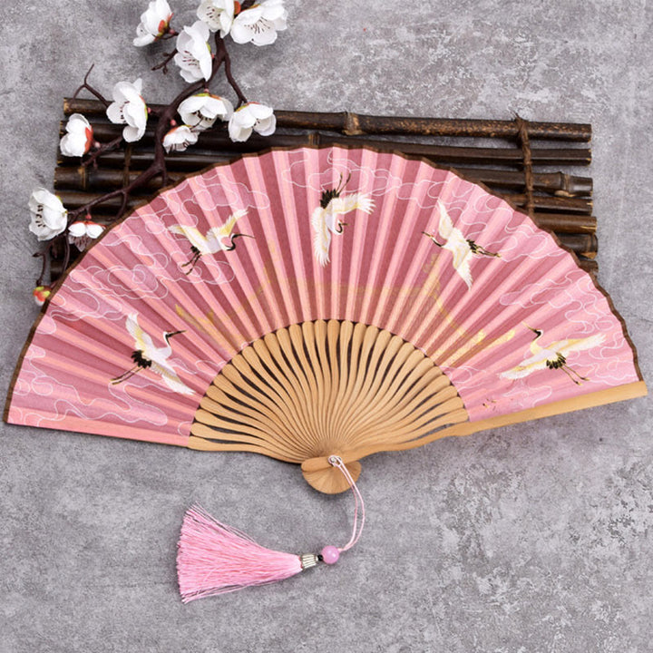 Buddha Stones Cranes Auspicious Clouds Solid Color Gradient Handheld Bamboo Folding Fan - Crane Cloud Pink 21cm - image 6