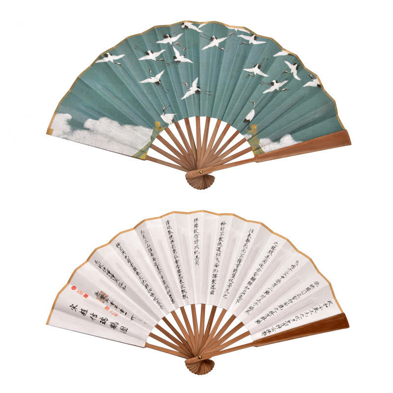 Buddha Stones Cranes Auspicious Clouds Solid Color Gradient Handheld Bamboo Folding Fan - Brown Crane Ancient Poem 33cm - image 10