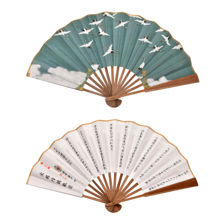 Buddha Stones Cranes Auspicious Clouds Solid Color Gradient Handheld Bamboo Folding Fan - Brown Crane Ancient Poem 33cm - image 10