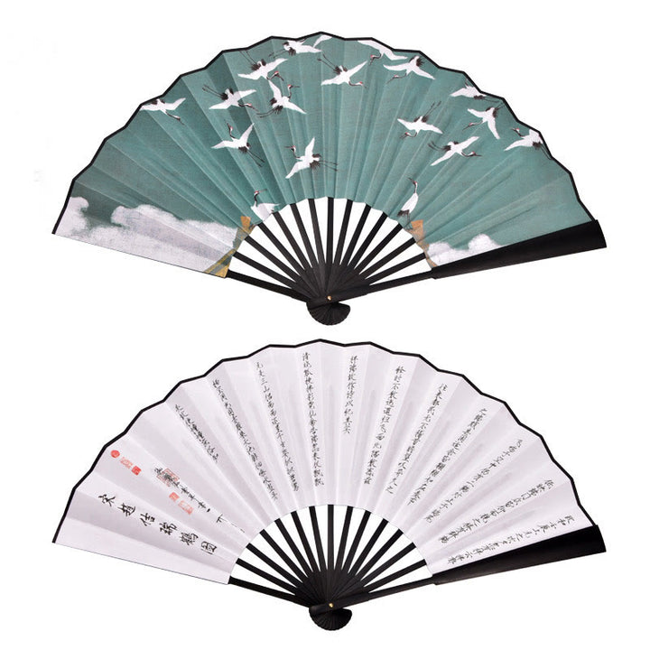 Buddha Stones Cranes Auspicious Clouds Solid Color Gradient Handheld Bamboo Folding Fan - Black Crane Ancient Poem Black 33cm - image 12