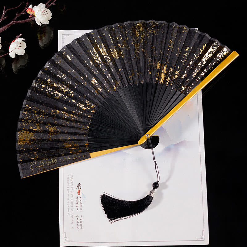 Buddha Stones Cranes Auspicious Clouds Solid Color Gradient Handheld Bamboo Folding Fan - Black Gold 22cm - image 14
