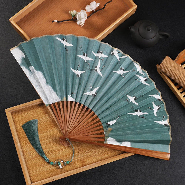 Buddha Stones Cranes Auspicious Clouds Solid Color Gradient Handheld Bamboo Folding Fan - Brown Crane 30cm - image 16