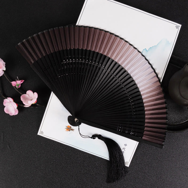 Buddha Stones Cranes Auspicious Clouds Solid Color Gradient Handheld Bamboo Folding Fan - Brown Gradient Black Rib 21cm - image 24
