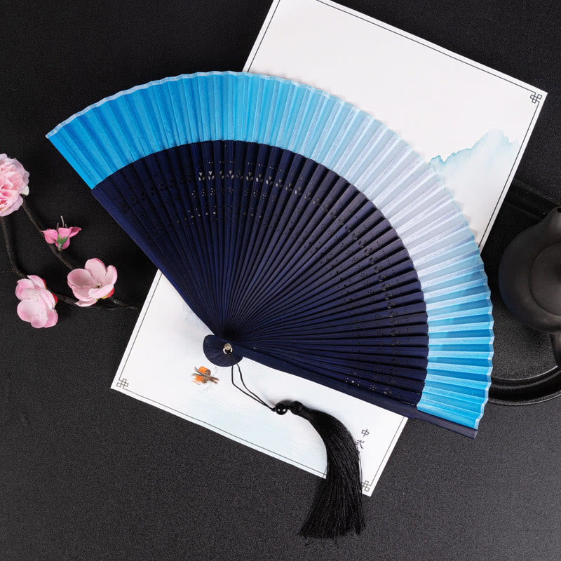 Buddha Stones Cranes Auspicious Clouds Solid Color Gradient Handheld Bamboo Folding Fan - Blue Gradient 21cm - image 19