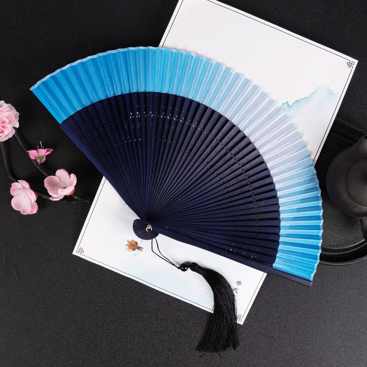 Buddha Stones Cranes Auspicious Clouds Solid Color Gradient Handheld Bamboo Folding Fan - Blue Gradient 21cm - image 19