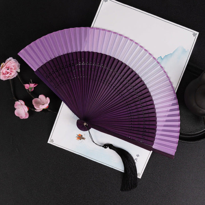Buddha Stones Cranes Auspicious Clouds Solid Color Gradient Handheld Bamboo Folding Fan - Purple Gradient 21cm - image 20