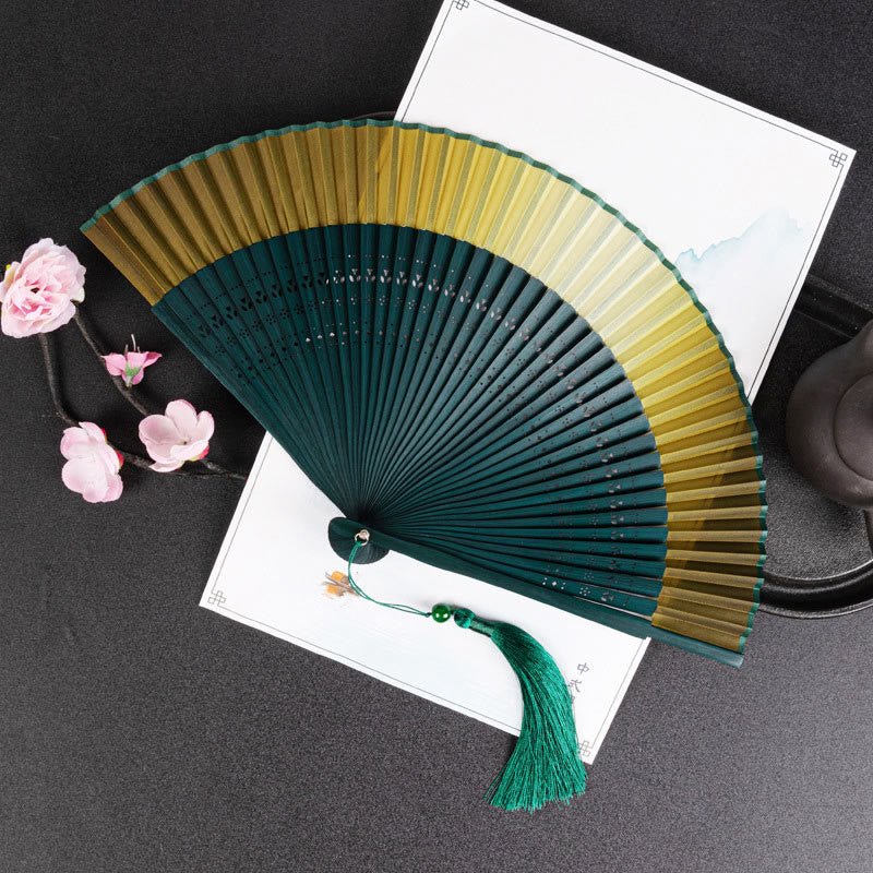 Buddha Stones Cranes Auspicious Clouds Solid Color Gradient Handheld Bamboo Folding Fan - Yellow Gradient 21cm - image 17
