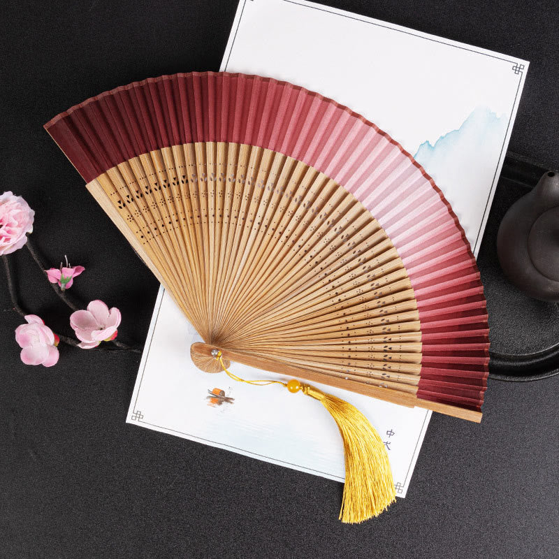 Buddha Stones Cranes Auspicious Clouds Solid Color Gradient Handheld Bamboo Folding Fan - Red Gradient Brown Rib 21cm - image 22