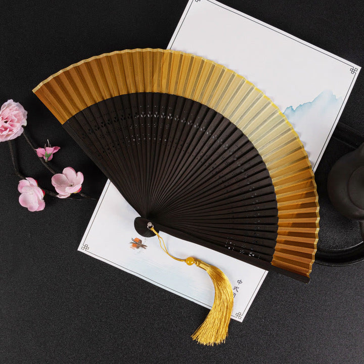 Buddha Stones Cranes Auspicious Clouds Solid Color Gradient Handheld Bamboo Folding Fan - Yellow Gradient Black Rib 21cm - image 23