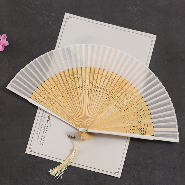 Buddha Stones Cranes Auspicious Clouds Solid Color Gradient Handheld Bamboo Folding Fan - White Hollow 21cm - image 31