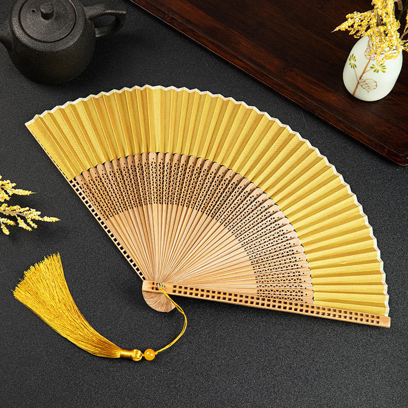 Buddha Stones Cranes Auspicious Clouds Solid Color Gradient Handheld Bamboo Folding Fan - Yellow Hollow 21cm - image 27