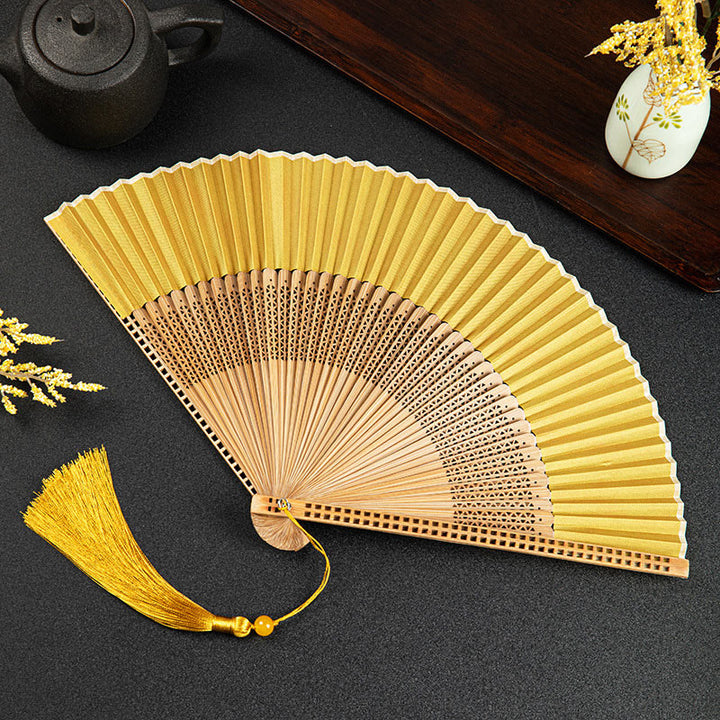 Buddha Stones Cranes Auspicious Clouds Solid Color Gradient Handheld Bamboo Folding Fan - Yellow Hollow 21cm - image 27