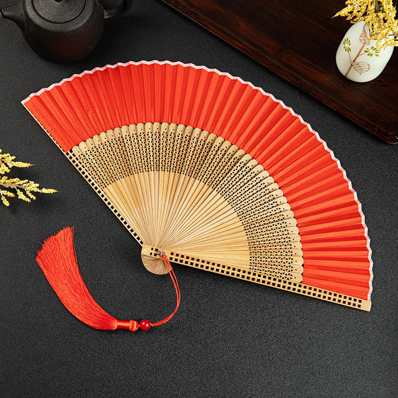 Buddha Stones Cranes Auspicious Clouds Solid Color Gradient Handheld Bamboo Folding Fan - Red Hollow 21cm - image 26