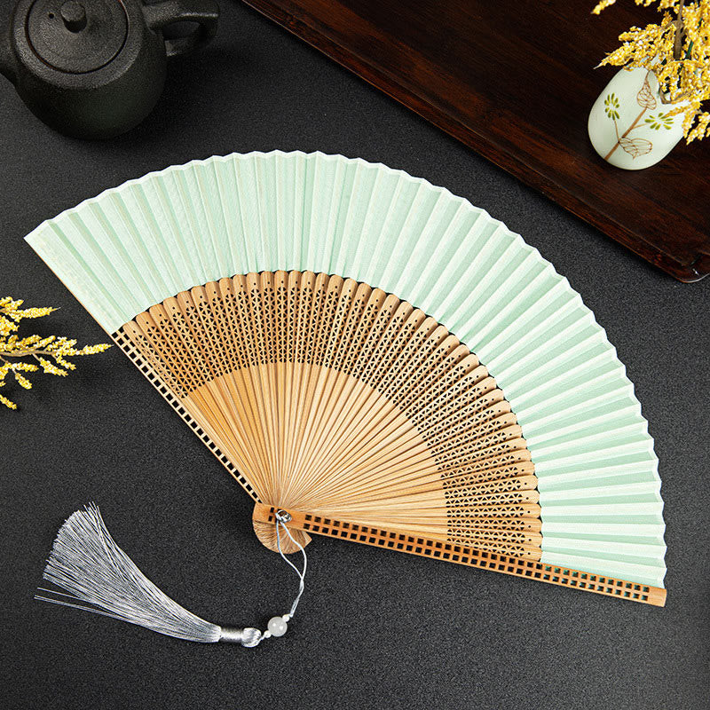 Buddha Stones Cranes Auspicious Clouds Solid Color Gradient Handheld Bamboo Folding Fan - Light Green Hollow 21cm - image 29