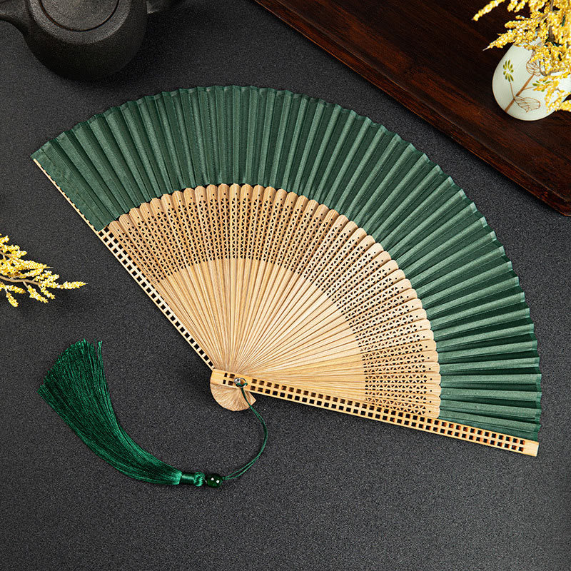 Buddha Stones Cranes Auspicious Clouds Solid Color Gradient Handheld Bamboo Folding Fan - Dark Green Hollow 21cm - image 25