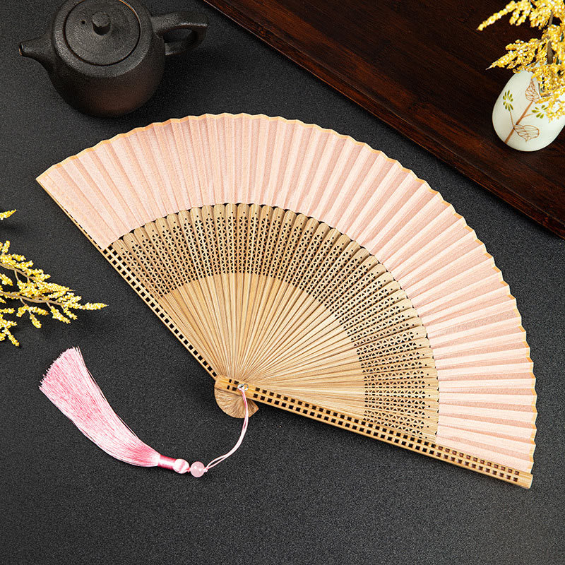 Buddha Stones Cranes Auspicious Clouds Solid Color Gradient Handheld Bamboo Folding Fan - Pink Hollow 21cm - image 28