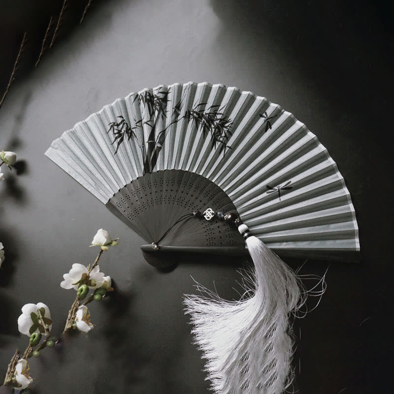 Buddha Stones Ink Bamboo Polyester Handheld Bamboo Folding Fan - image 3