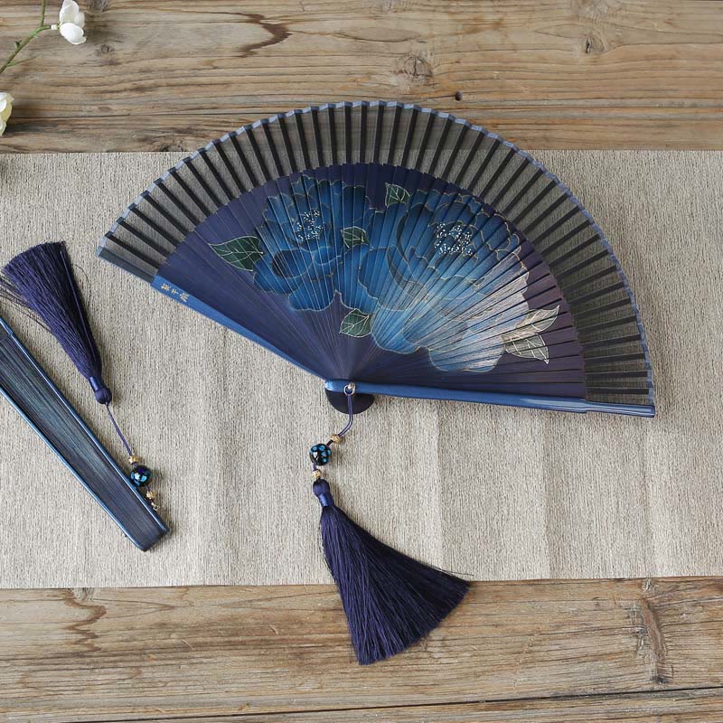Buddha Stones Peony Flowers Silk Handheld Bamboo Folding Fan - image 2