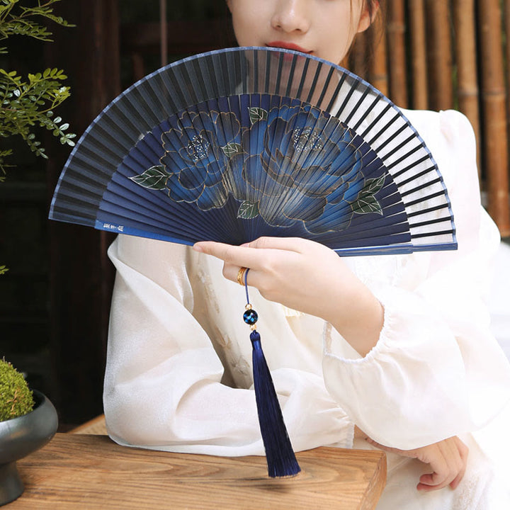 Buddha Stones Peony Flowers Silk Handheld Bamboo Folding Fan - image 4