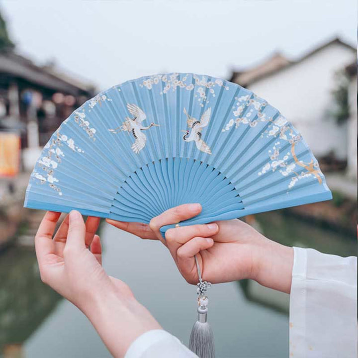 Buddha Stones Crane Plum Blossom Handheld Silk Bamboo Folding Fan - image 9