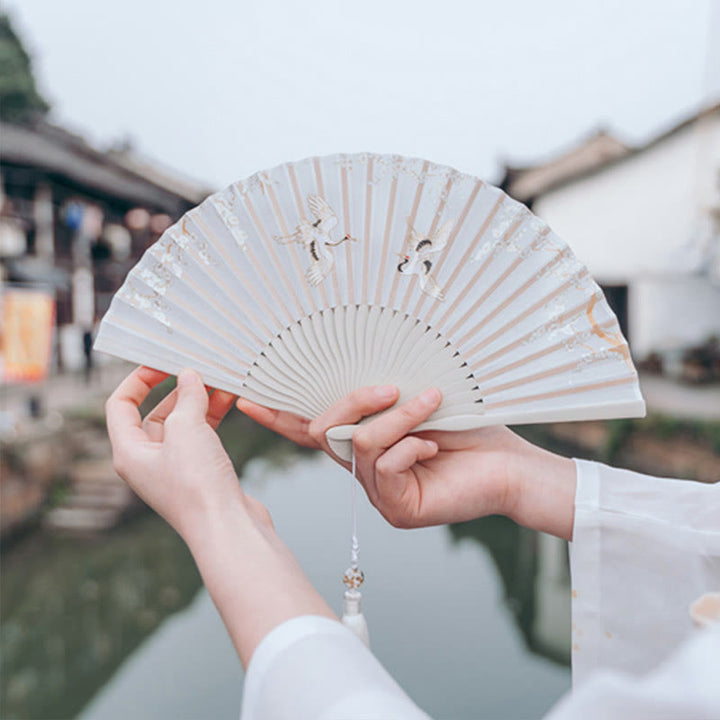 Buddha Stones Crane Plum Blossom Handheld Silk Bamboo Folding Fan - image 5