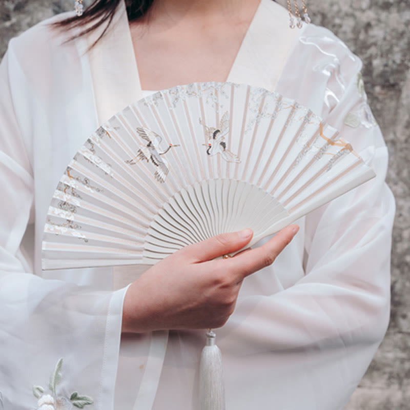 Buddha Stones Crane Plum Blossom Handheld Silk Bamboo Folding Fan - image 1