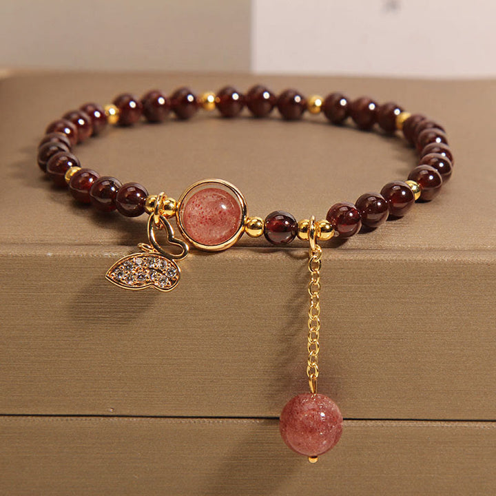 Buddha Stones Natural Garnet Strawberry Quartz Butterfly Protection Bracelet - Garnet(Wrist Circumference 14-16cm) - image 0