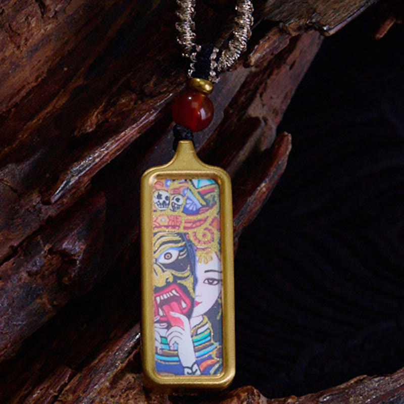 Buddha Stones Tibet Zakiram Yellow God of Wealth Nine Tailed Fox Hand-Painted Thangka Calm Necklace Pendant - Past and Present Life - image 1