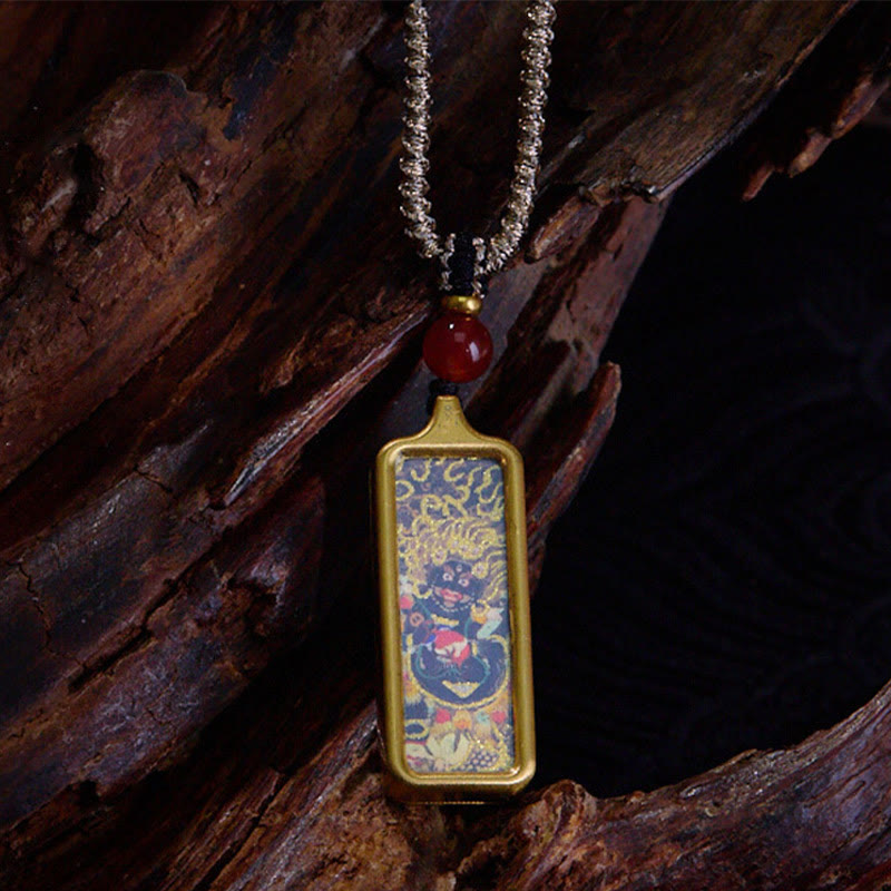 Buddha Stones Tibet Zakiram Yellow God of Wealth Nine Tailed Fox Hand-Painted Thangka Calm Necklace Pendant - Mahakala - image 4