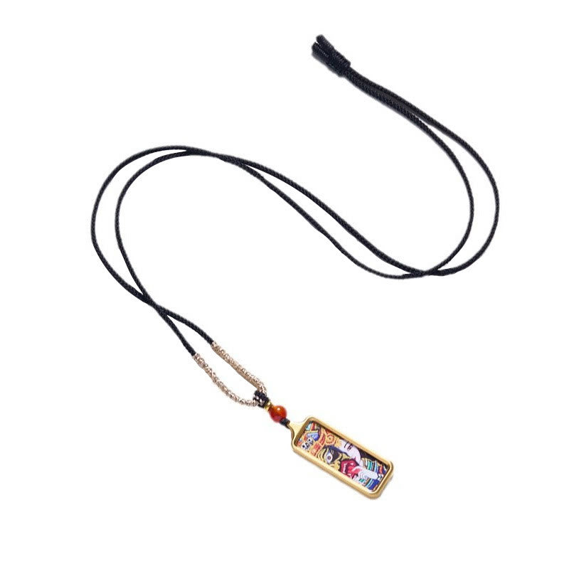 Buddha Stones Tibet Zakiram Yellow God of Wealth Nine Tailed Fox Hand-Painted Thangka Calm Necklace Pendant - image 2