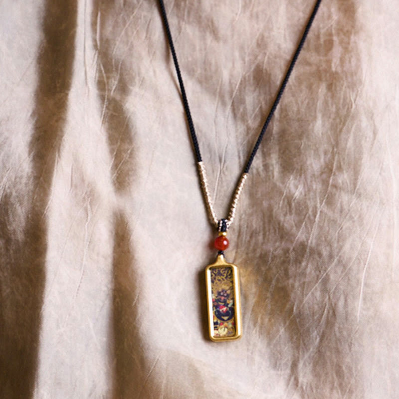 Buddha Stones Tibet Zakiram Yellow God of Wealth Nine Tailed Fox Hand-Painted Thangka Calm Necklace Pendant - image 6