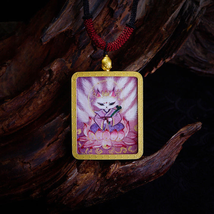 Buddha Stones Tibetan Zakiram Nine Tailed Fox Yellow God of Wealth Painted Thangka Hope Necklace Pendant - Nine-Tailed Fox - image 1