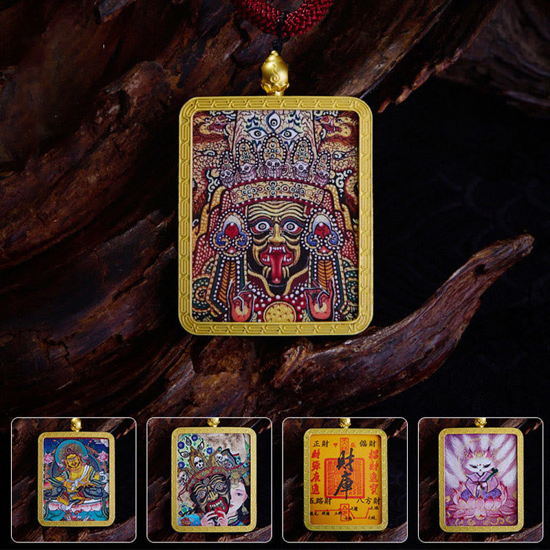 Buddha Stones Tibetan Zakiram Nine Tailed Fox Yellow God of Wealth Painted Thangka Hope Necklace Pendant - image 0