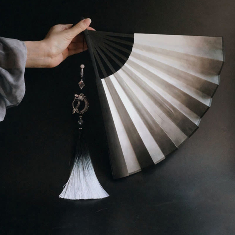 Buddha Stones Black White Ink Gradient Rice Paper Handheld Bamboo Folding Fan - image 0