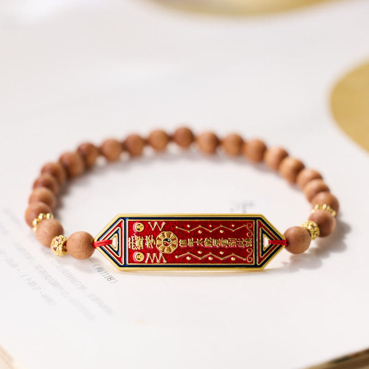 Buddha Stones Sandalwood Wood Bead Gold Plated Copper Bagua Yin Yang Chinese Character Harmony Bracelet - Sandalwood Gold Plated Copper(Wrist Circumference: 14-16cm) - image 0