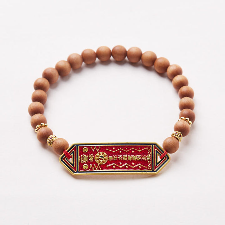 Buddha Stones Sandalwood Wood Bead Gold Plated Copper Bagua Yin Yang Chinese Character Harmony Bracelet - image 1