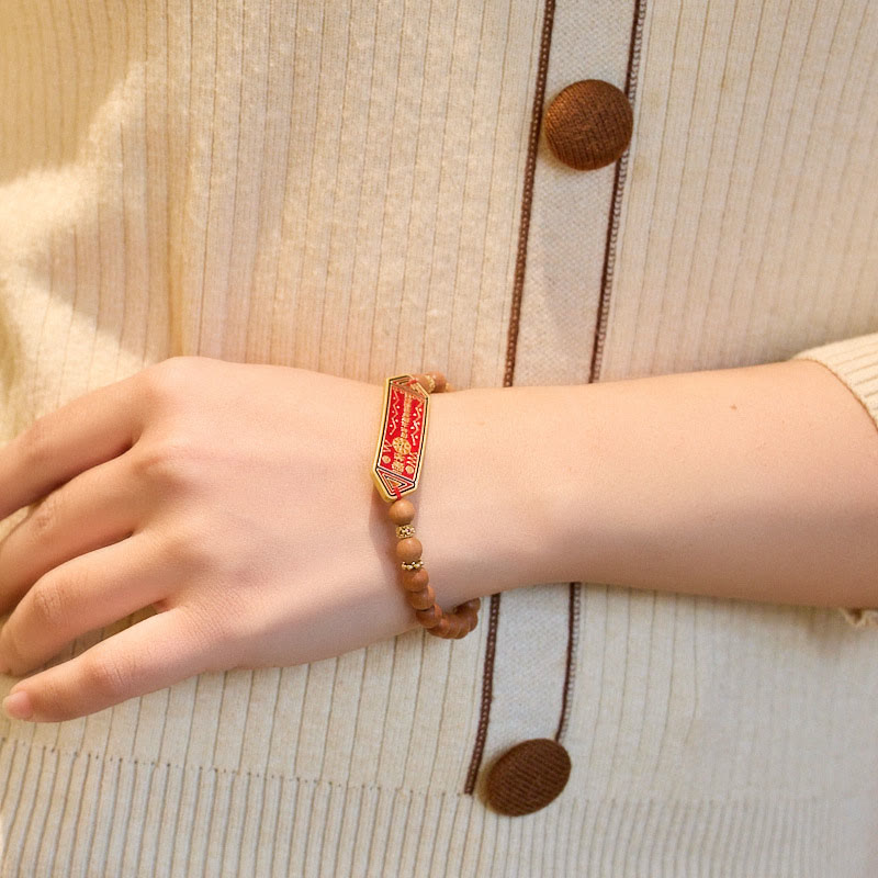 Buddha Stones Sandalwood Wood Bead Gold Plated Copper Bagua Yin Yang Chinese Character Harmony Bracelet - image 5