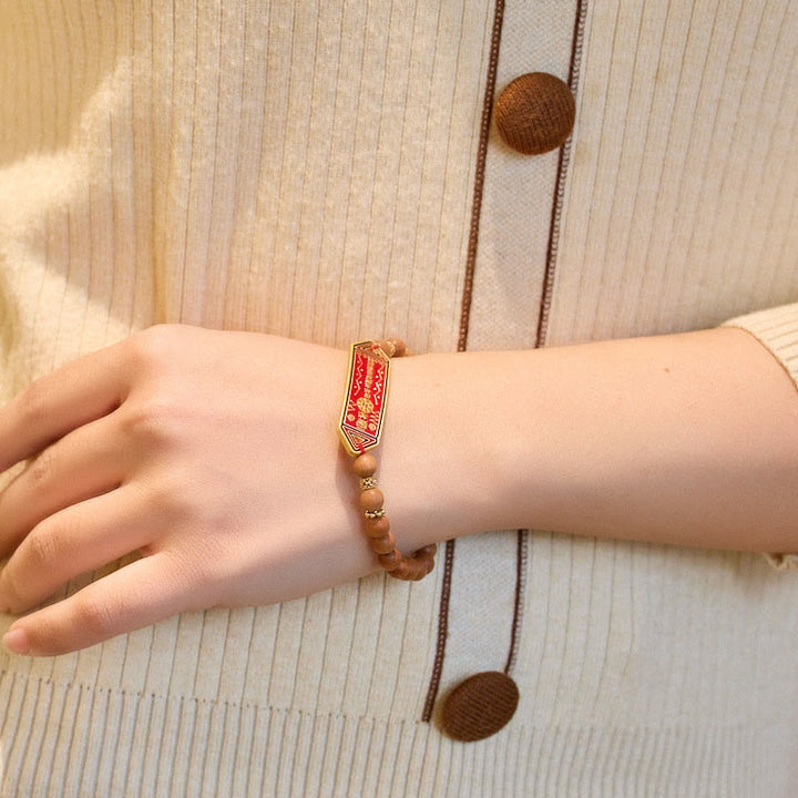 Buddha Stones Sandalwood Wood Bead Gold Plated Copper Bagua Yin Yang Chinese Character Harmony Bracelet - image 5