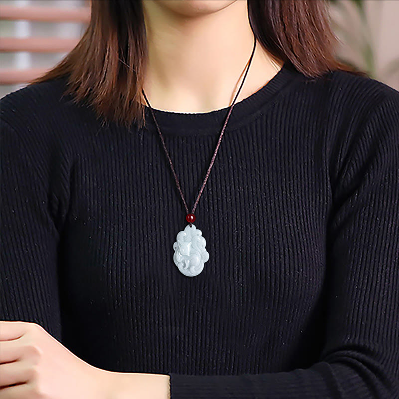 Buddha Stones Natural Jade Nine Tailed Fox Luck Necklace Pendant - image 6