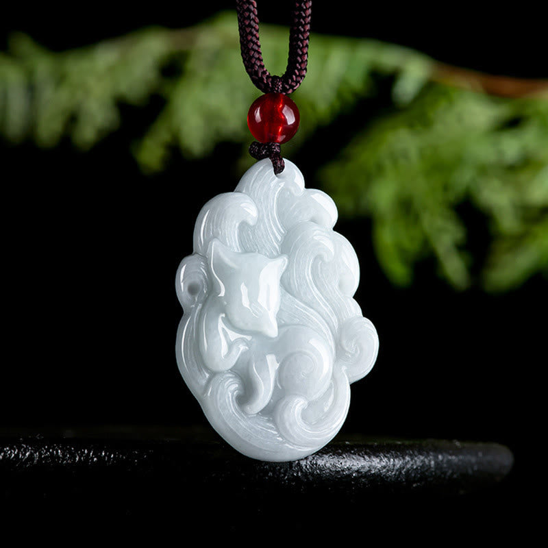 Buddha Stones Natural Jade Nine Tailed Fox Luck Necklace Pendant - image 1